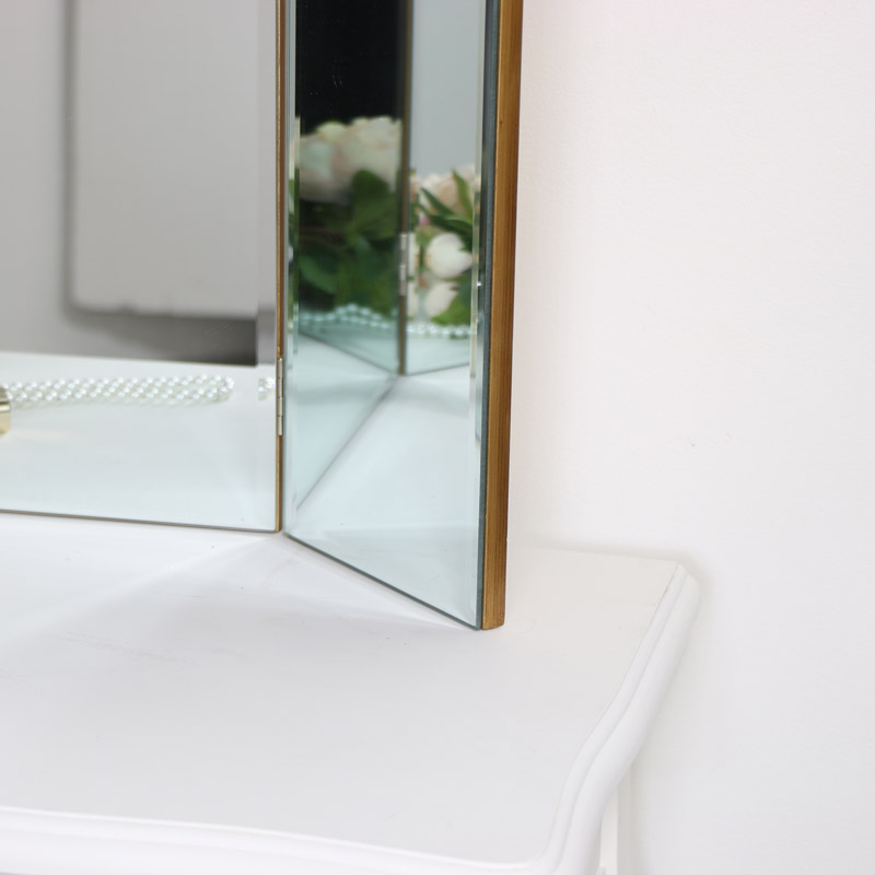 gold ornate arched triple dressing table mirror 80cm x 56cm Ornate Gold Triple Dressing Table Mirror 55cm x 74cm – Melody Maison Ltd main image 0