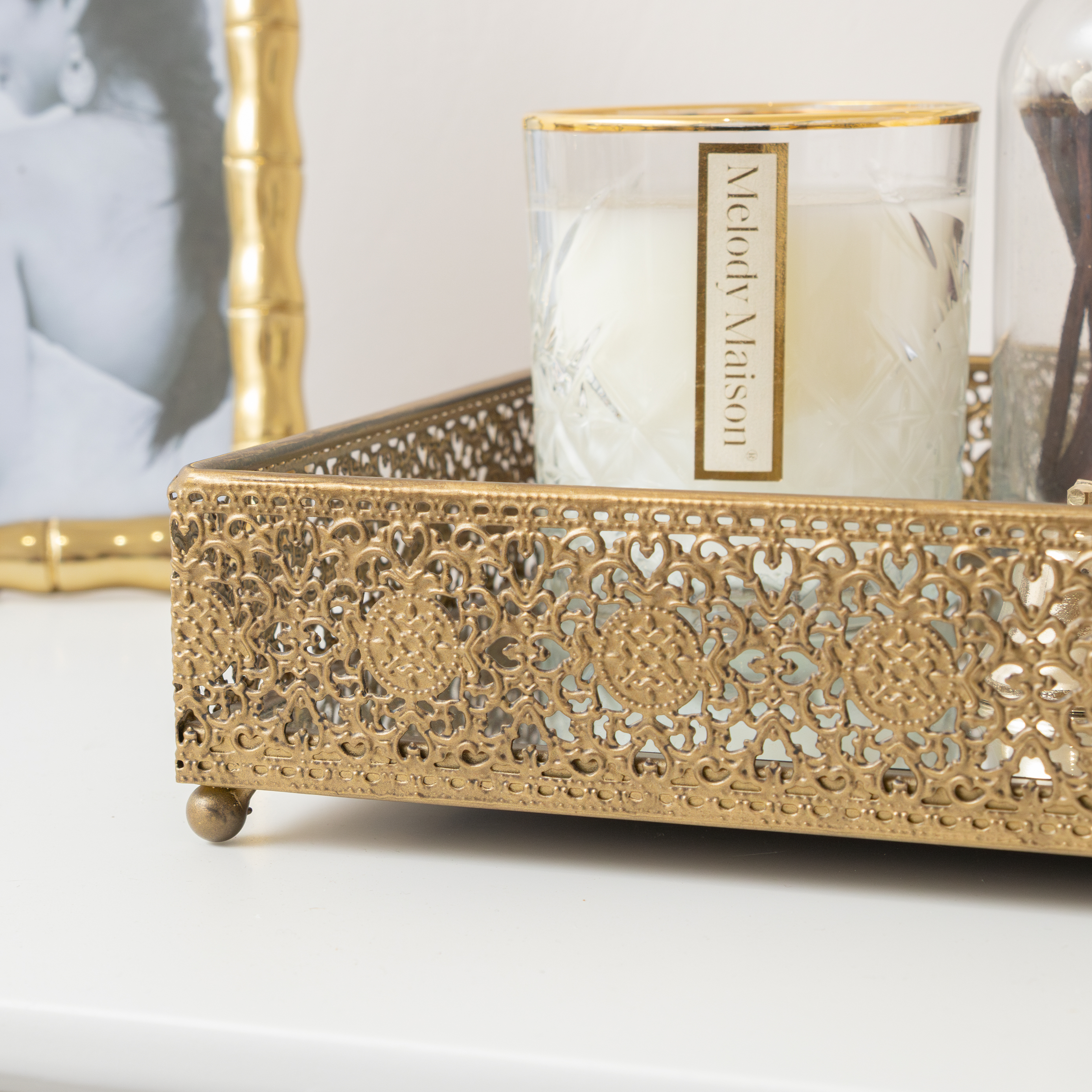 Antique Gold Rectangular Mirrored Base Tray - 36cm