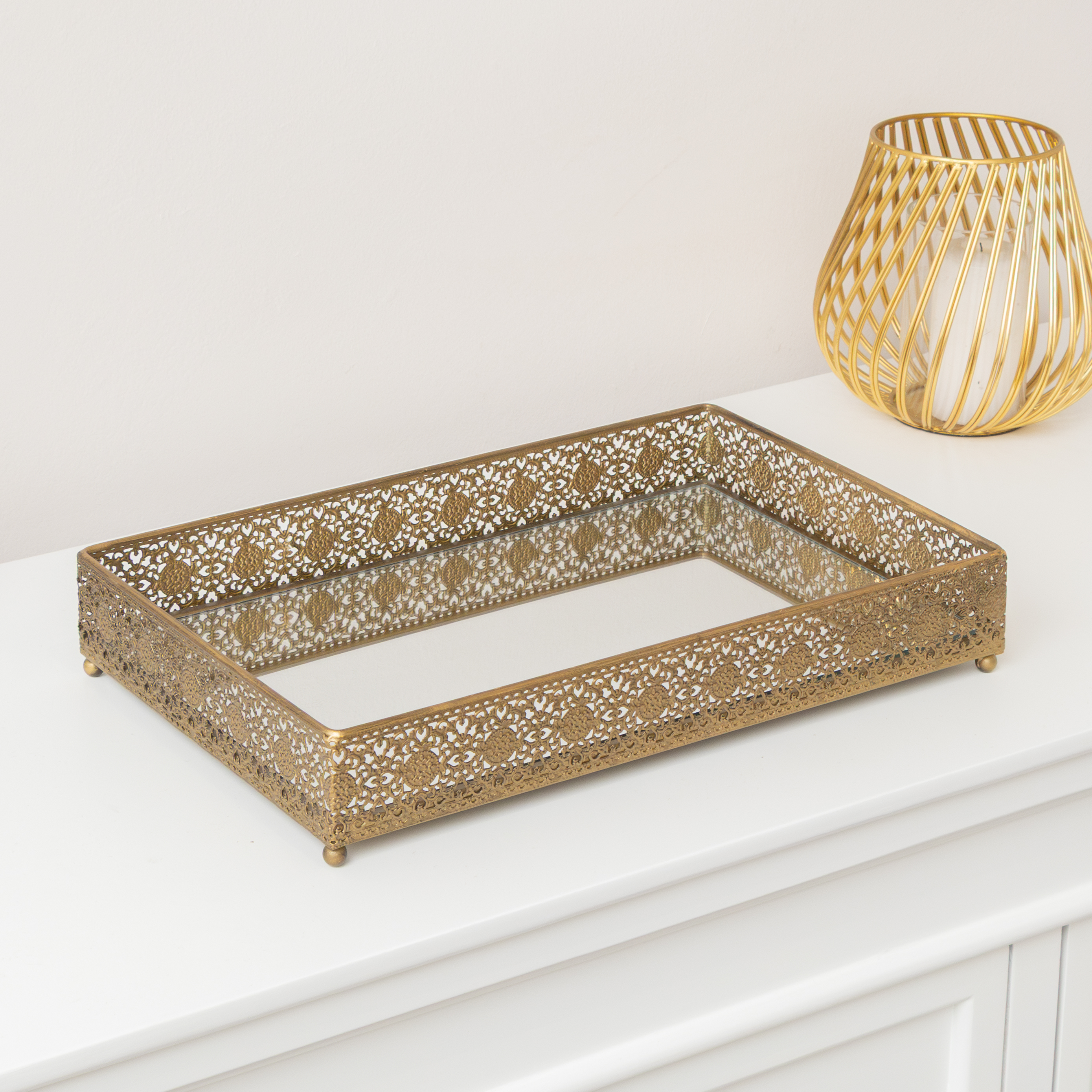 Antique Gold Rectangular Mirrored Base Tray - 36cm