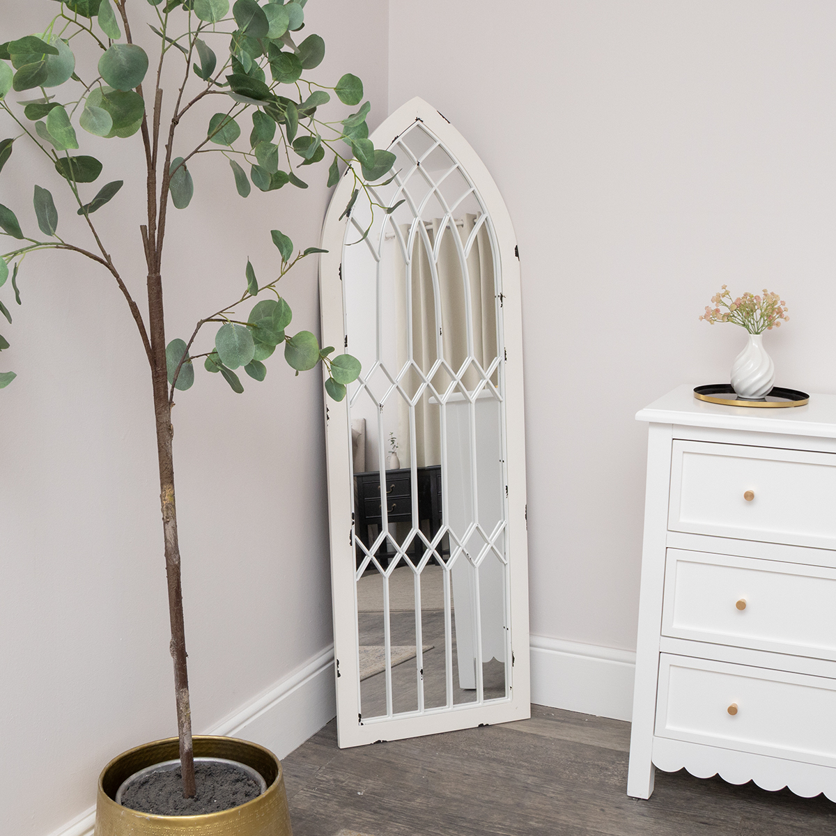 Arched White Distressed Chapel Fretwork Garden Mirror - 47cm x 142cm