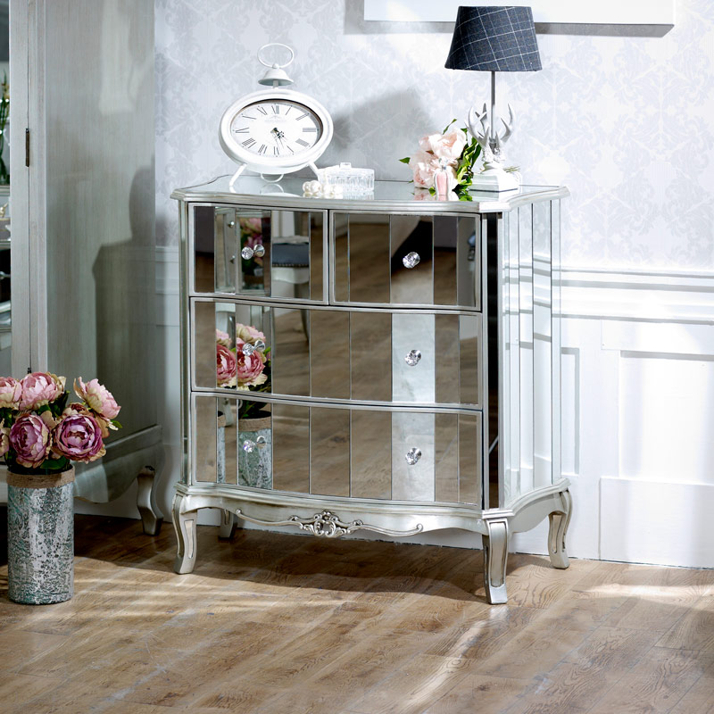 Bedroom Furniture, Silver Mirrored Chest of Drawers & Pair of Bedside Tables - Tiffany Range