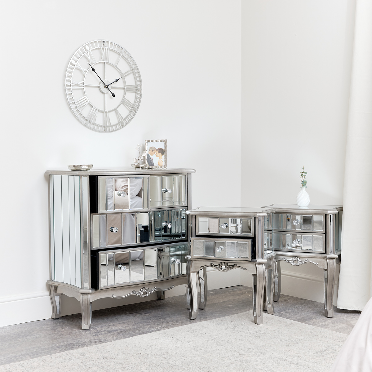 Bedroom Furniture, Silver Mirrored Chest of Drawers & Pair of Bedside Tables - Tiffany Range