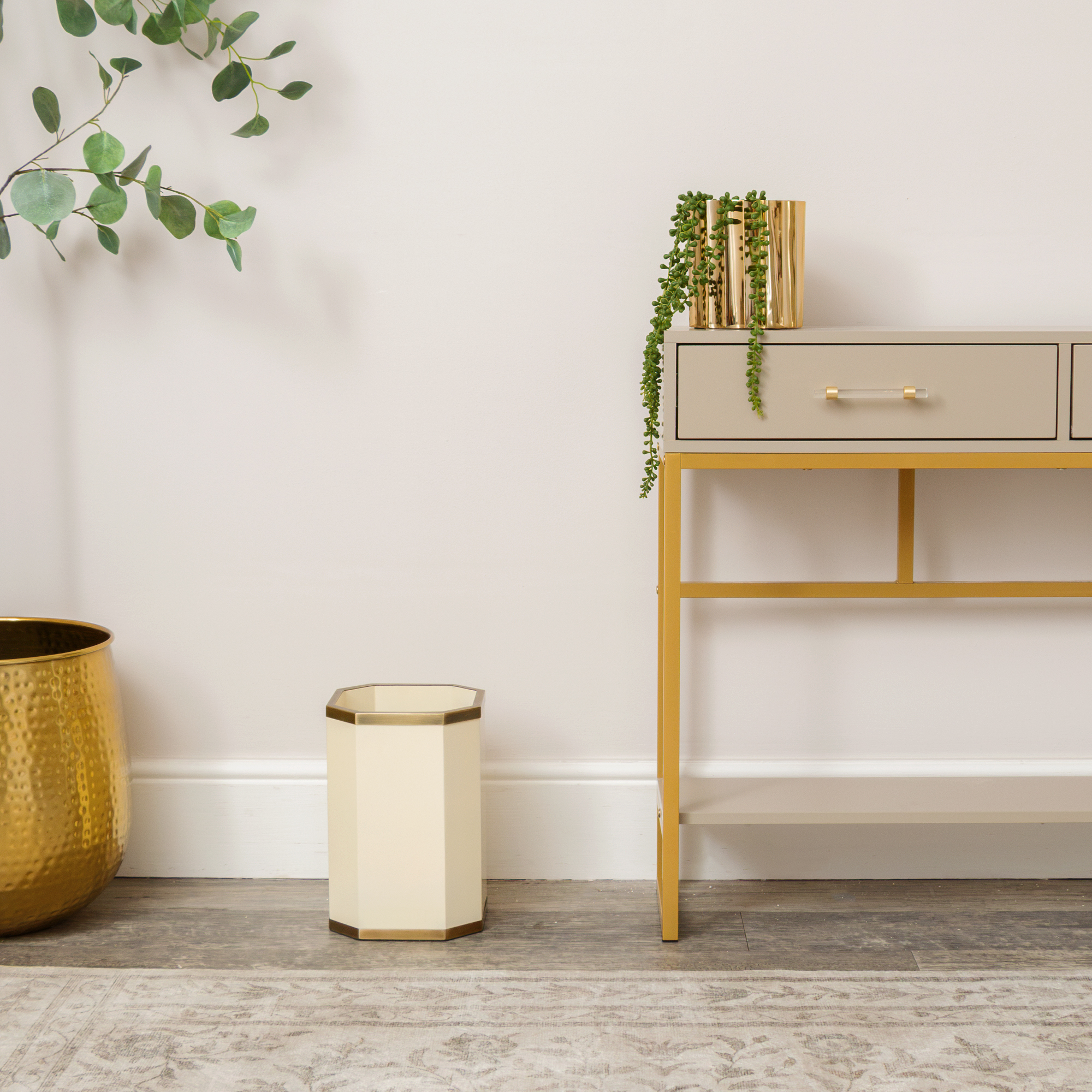 Hexagonal Cream & Gold Edge Wooden Waste Paper Bin