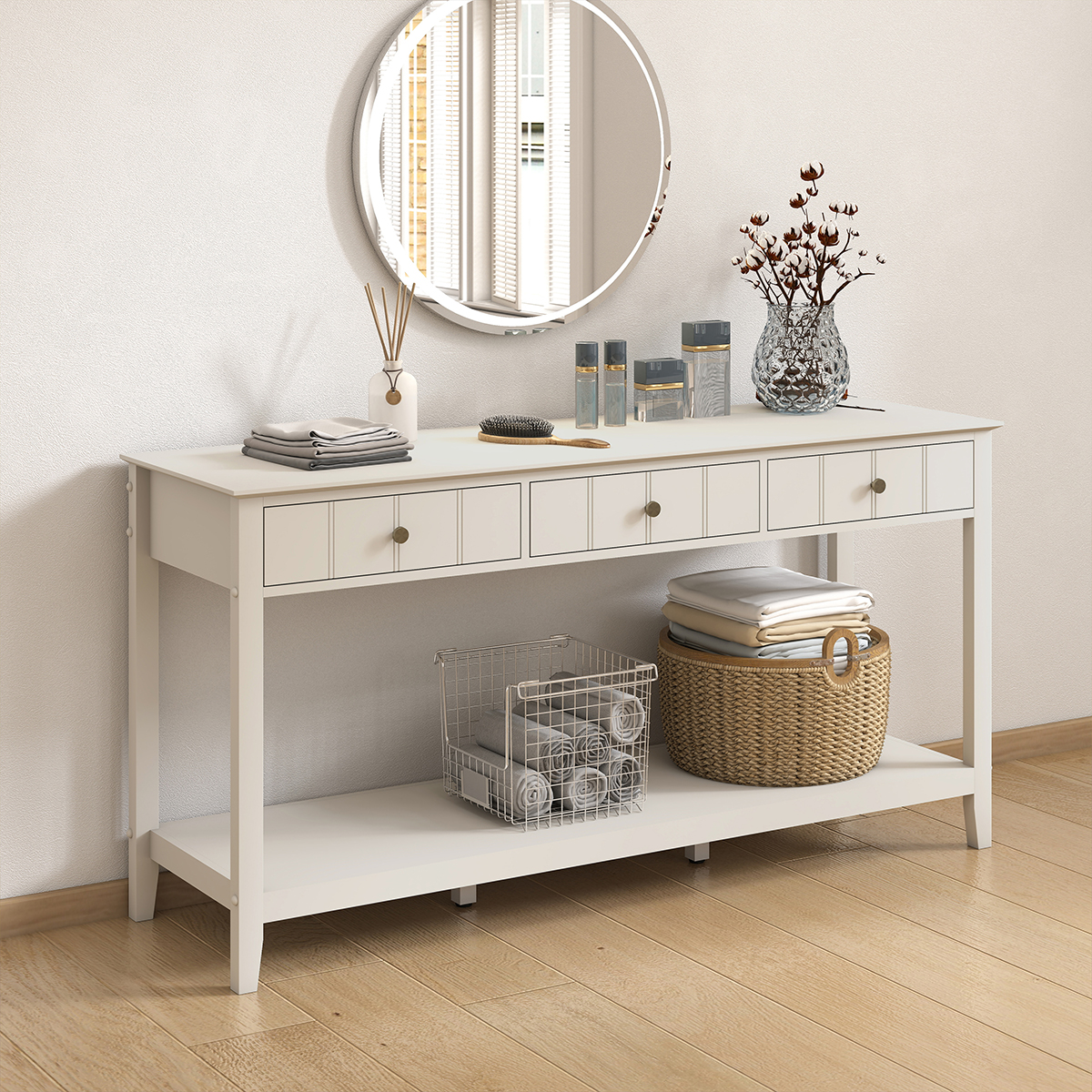 Large 3 Drawer Console Table with Shelf - Padstowe Ivory Range