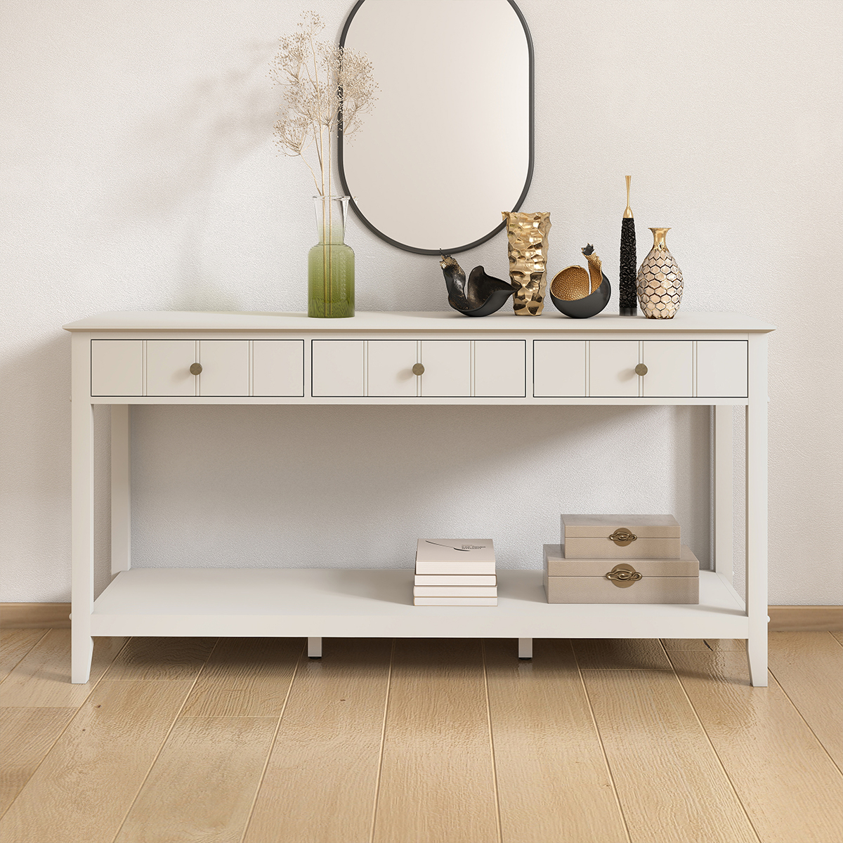 Large 3 Drawer Console Table with Shelf - Padstowe Ivory Range
