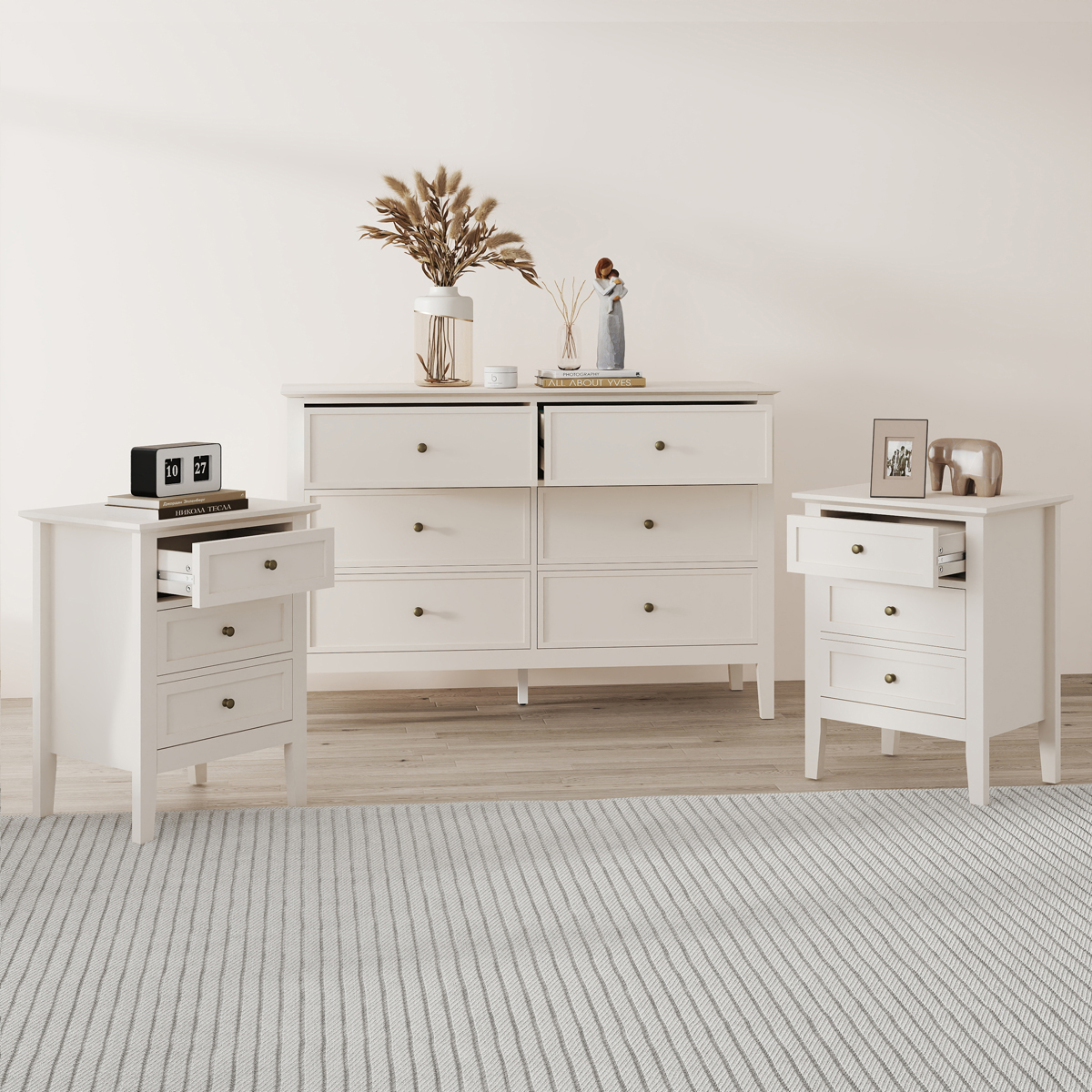 Large 6 Drawer Chest of Drawers and Pair of 3 Drawer Bedside Tables - Rowley Pale Cream Range