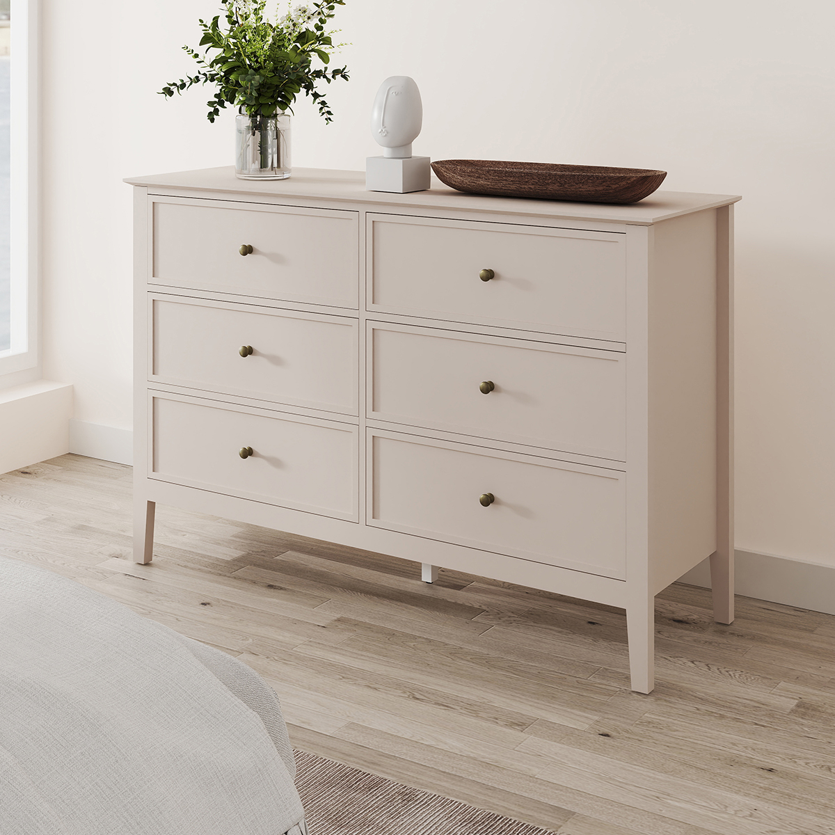 Large 6 Drawer Chest of Drawers and Pair of 3 Drawer Bedside Tables - Rowley Taupe Cream Range