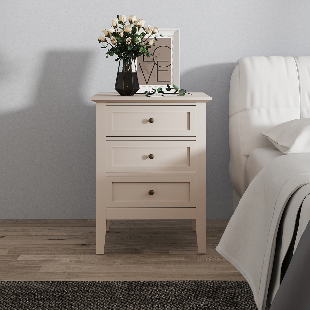 Large 6 Drawer Chest of Drawers and Pair of 3 Drawer Bedside Tables - Rowley Taupe Cream Range