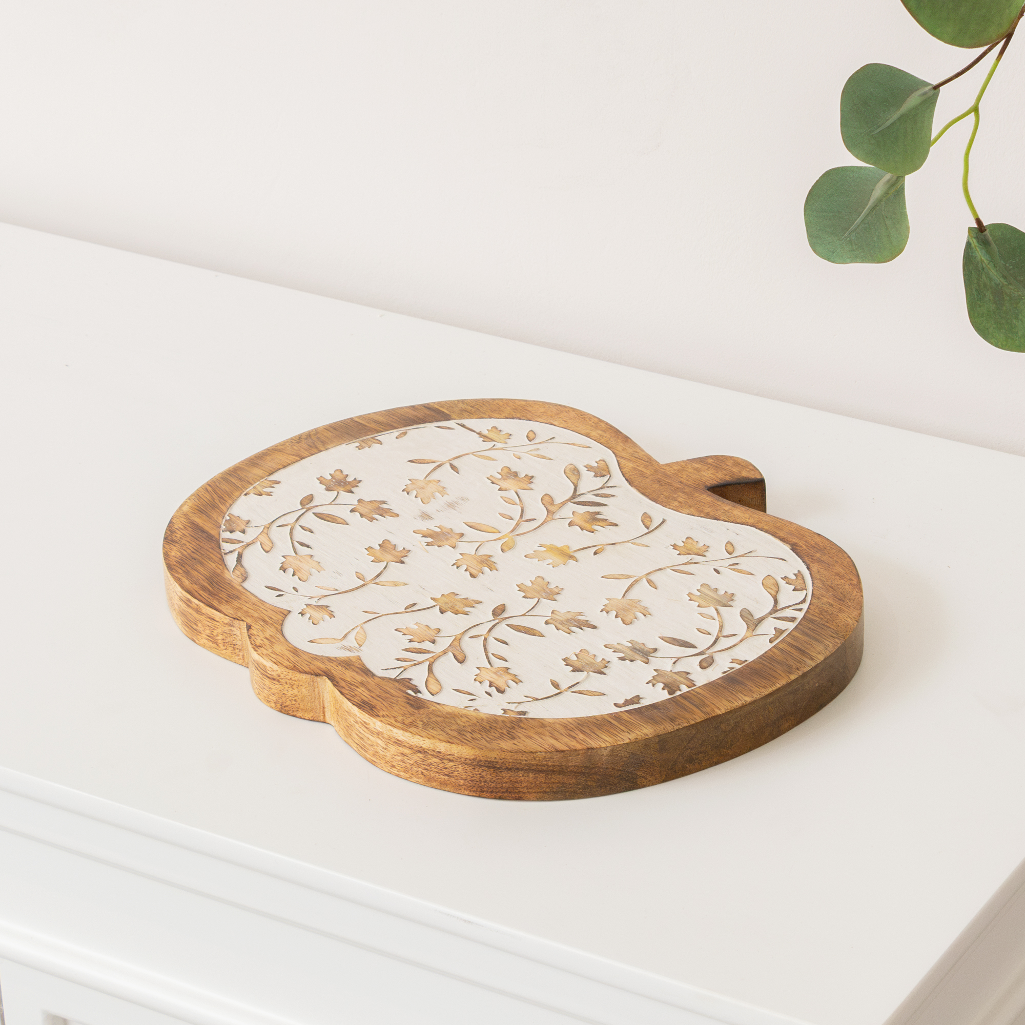 Large White Distressed Wooden Pumpkin Shaped Display Chopping Board - 30cm