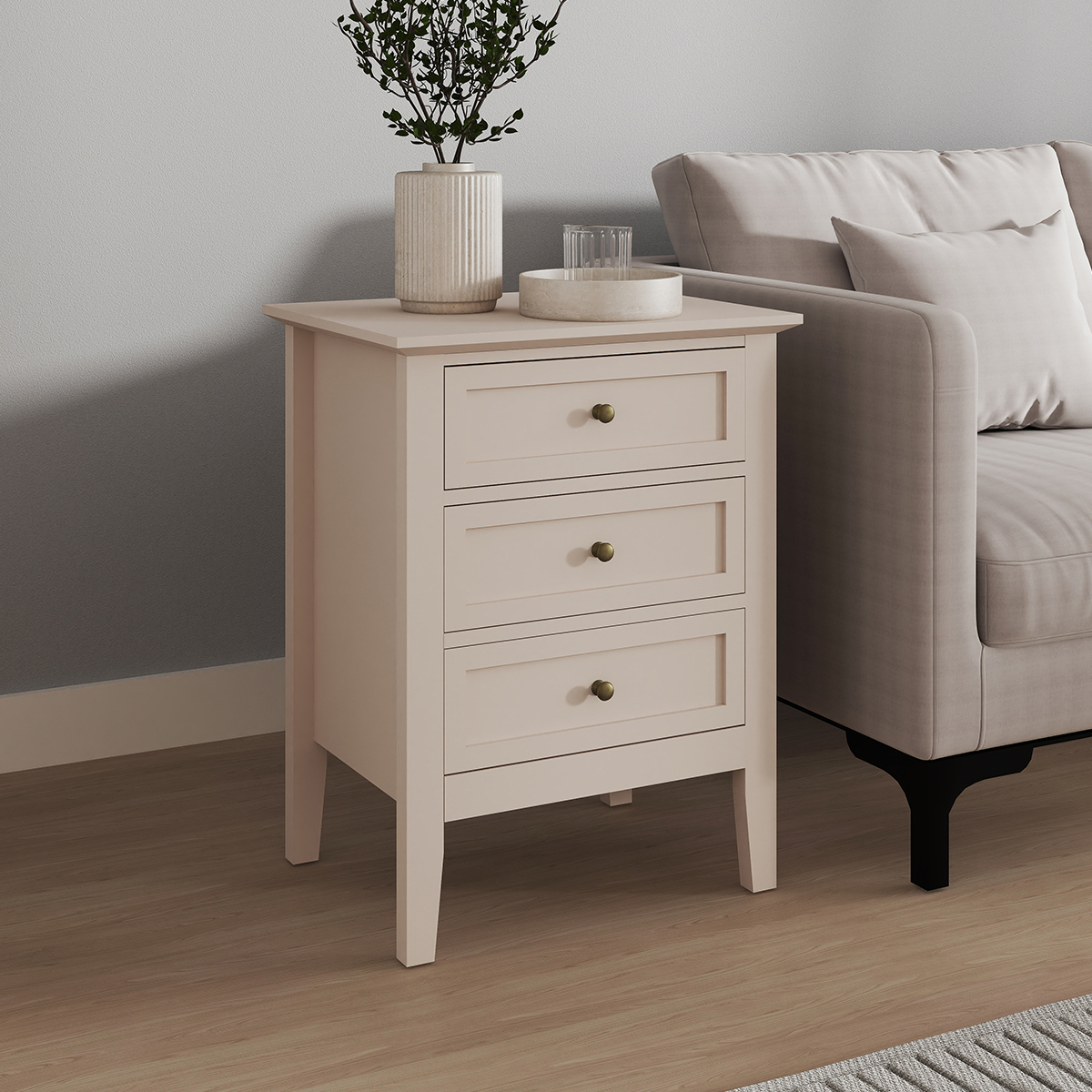 Pair of 3 Drawer Bedside Table - Rowley Taupe Grey Range