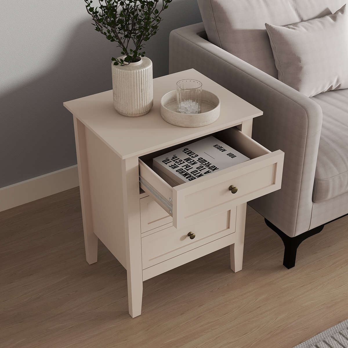 Pair of 3 Drawer Bedside Table - Rowley Taupe Grey Range