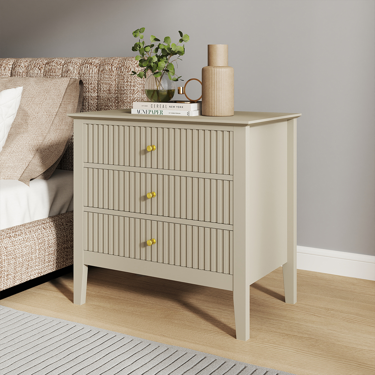 Pair Of Large 3 Drawer Bedside Tables - Hales Taupe Range