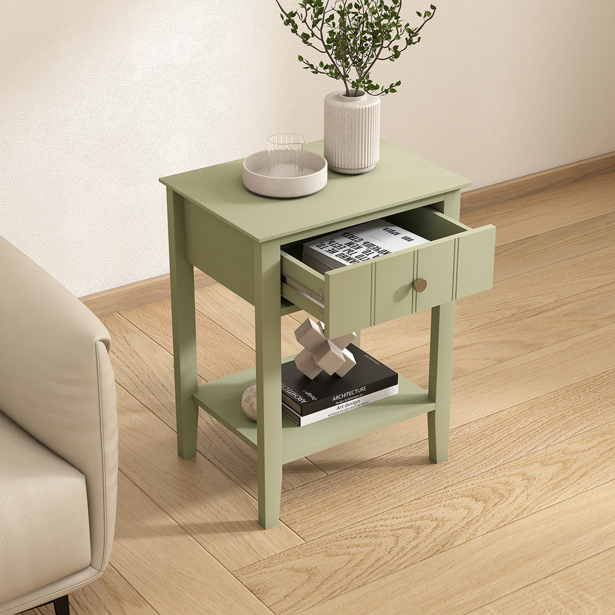 Pair Of Sage Green One Drawer Bedside Tables with Shelf - Padstowe Sage Green Range