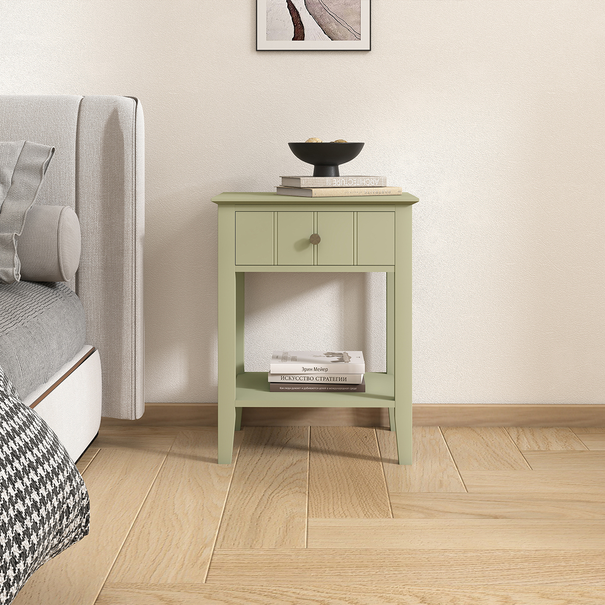 Pair Of Sage Green One Drawer Bedside Tables with Shelf - Padstowe Sage Green Range