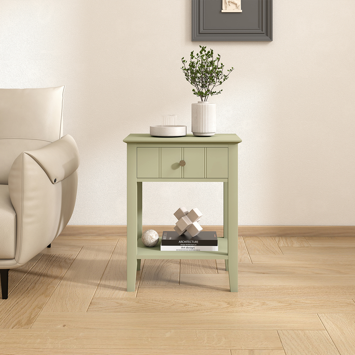 Pair Of Sage Green One Drawer Bedside Tables with Shelf - Padstowe Sage Green Range