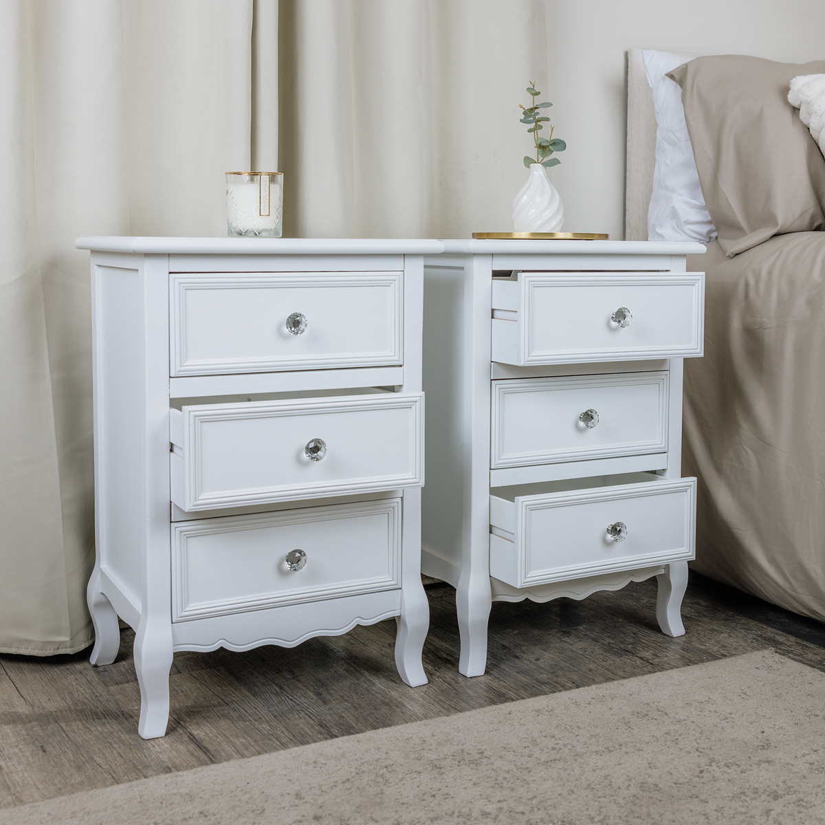 Pair of White 3 Drawer Bedside Tables - Victoria Range