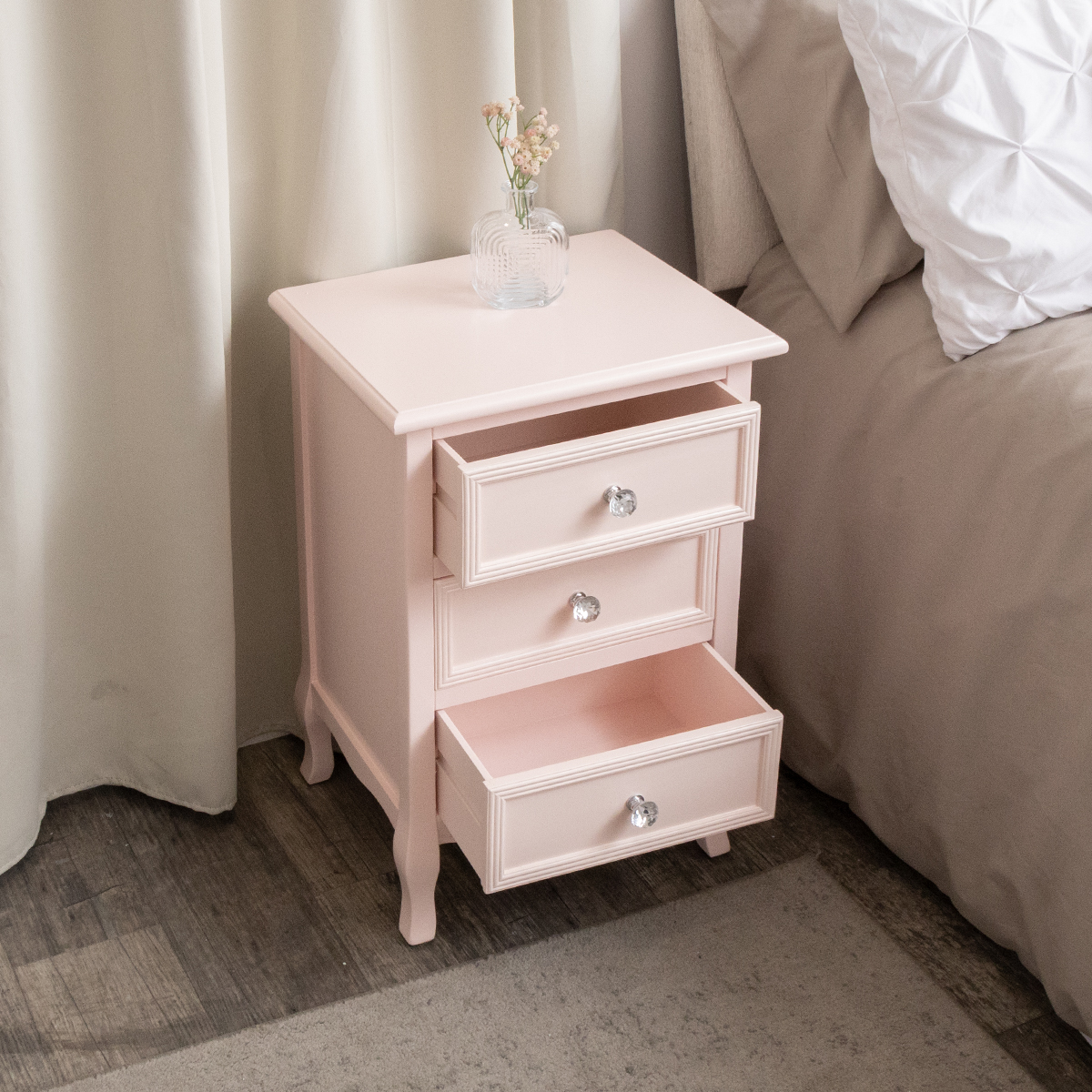 Pink Dressing Table, Mirror, Stool & Pair Bedside Tables - Sophia Pink Range