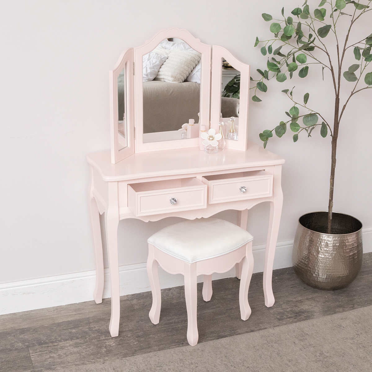 Pink Dressing Table, Mirror, Stool & Pair Bedside Tables - Sophia Pink Range