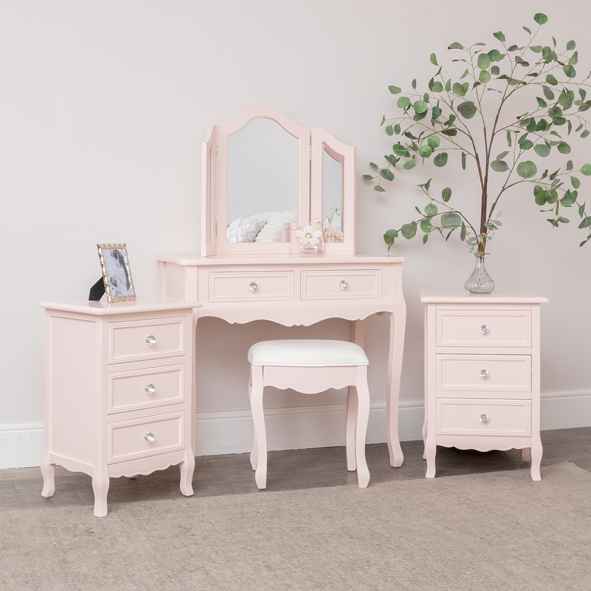 Pink Dressing Table, Mirror, Stool & Pair Bedside Tables - Sophia Pink Range