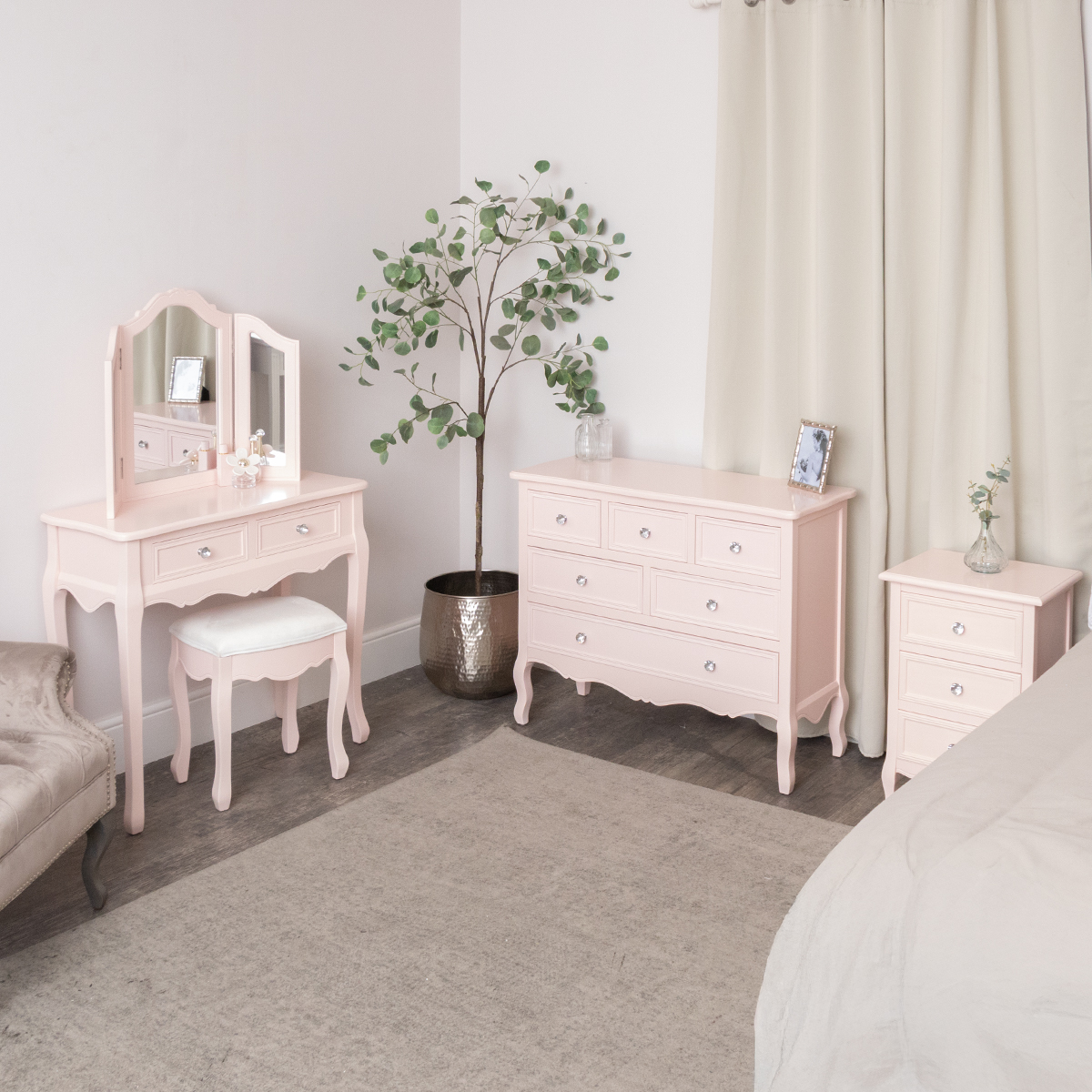 Pink Dressing Table, Mirror, Stool & Pair Bedside Tables - Sophia Pink Range