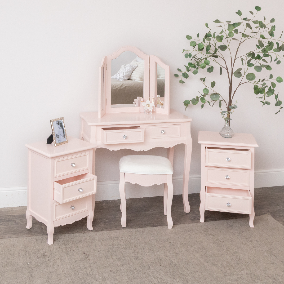 Pink Dressing Table, Mirror, Stool & Pair Bedside Tables - Sophia Pink Range