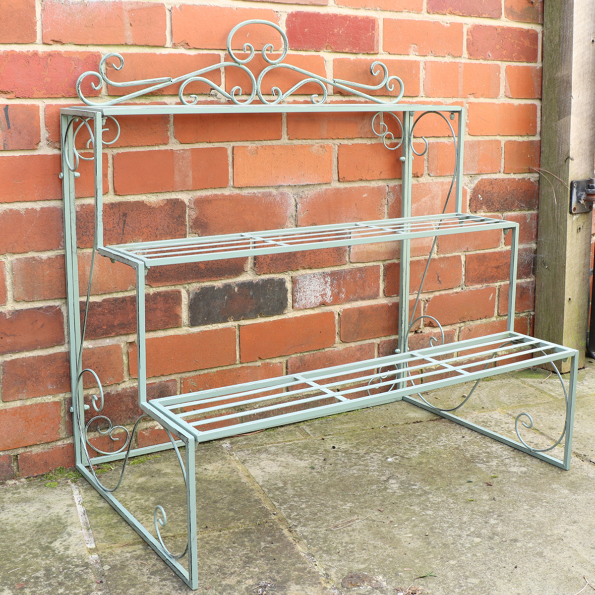Sage Green Metal Three Tier Plant Theatre Stand