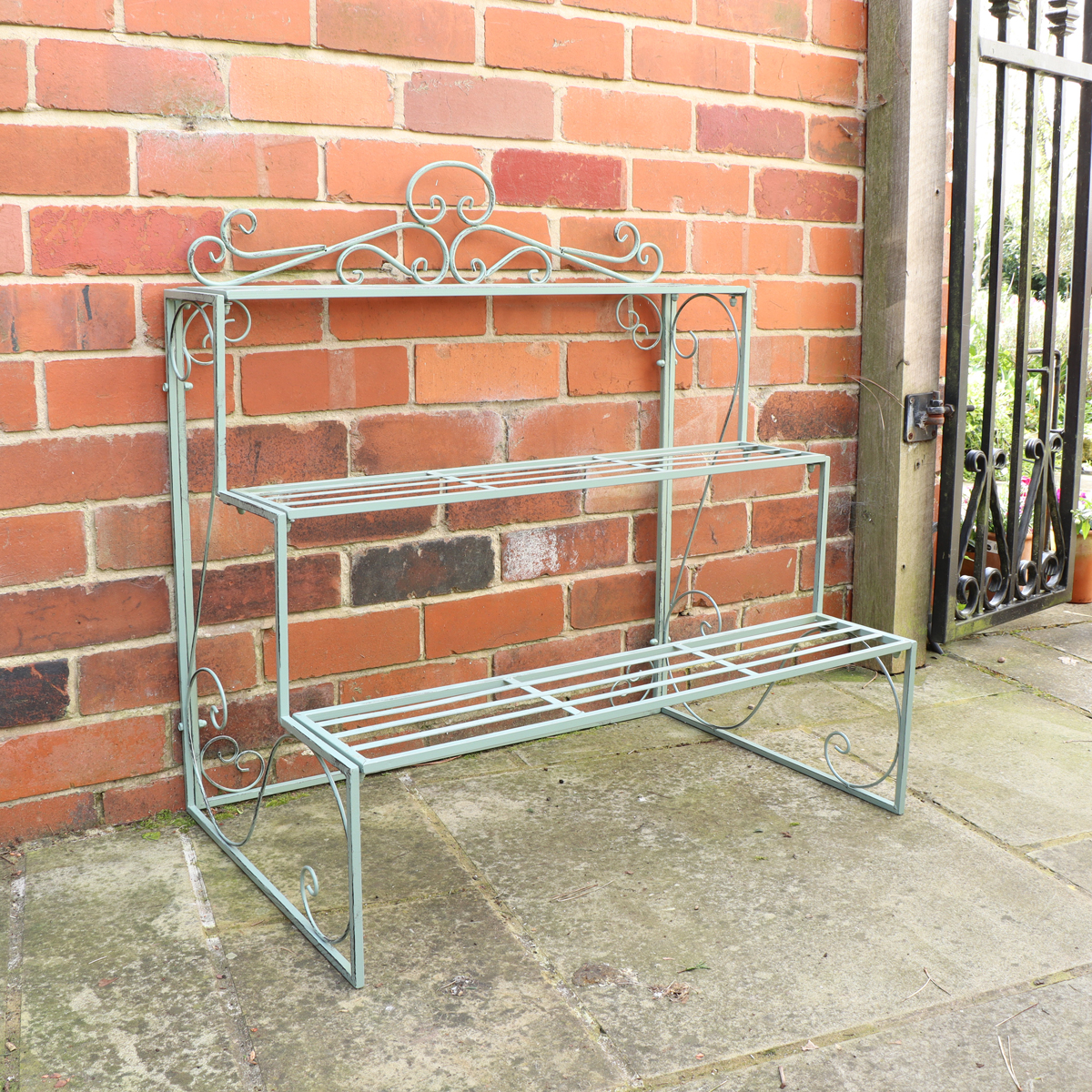 Sage Green Metal Three Tier Plant Theatre Stand