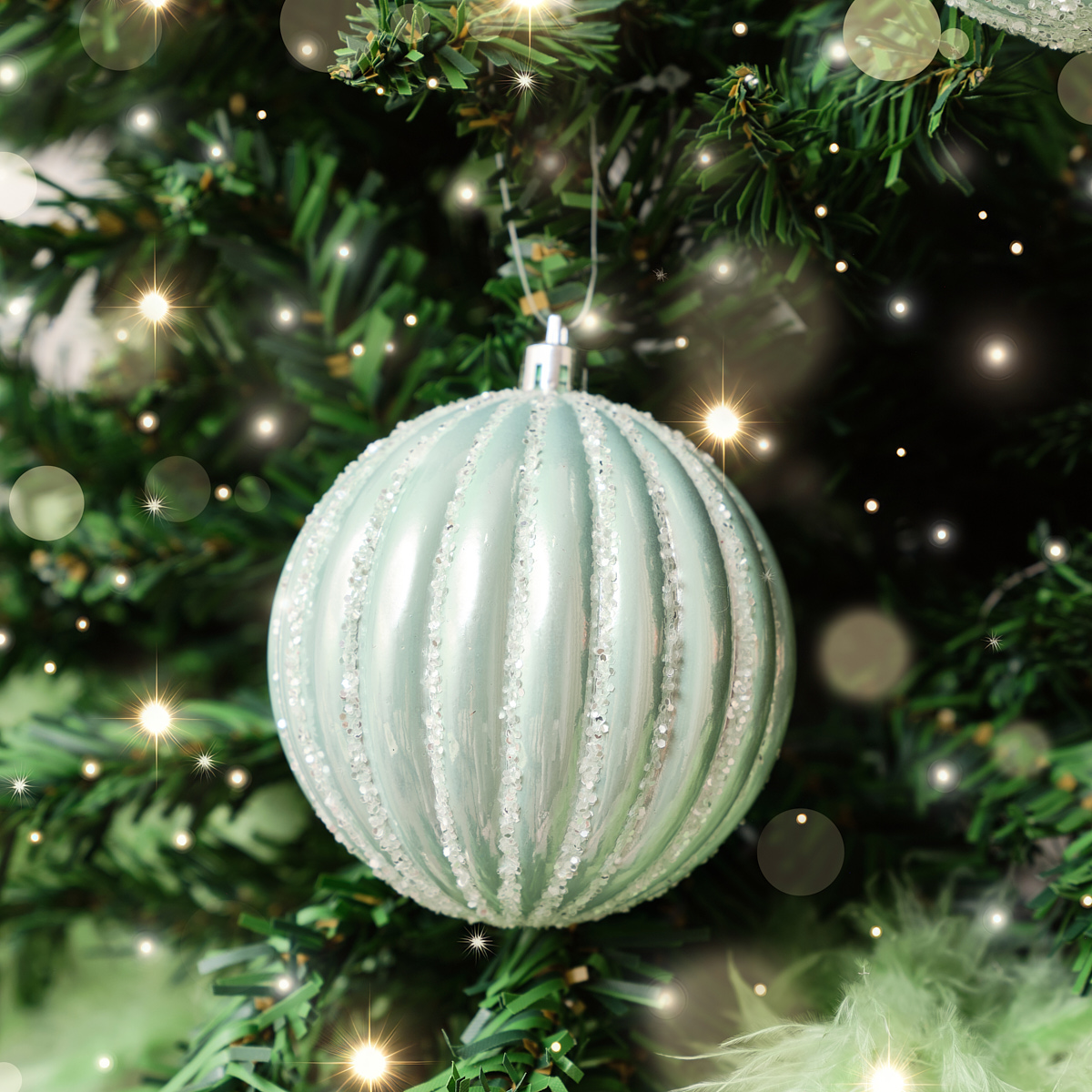 Set of 2 Icy Blue Glitter Striped Reeded Hanging Baubles - 8cm