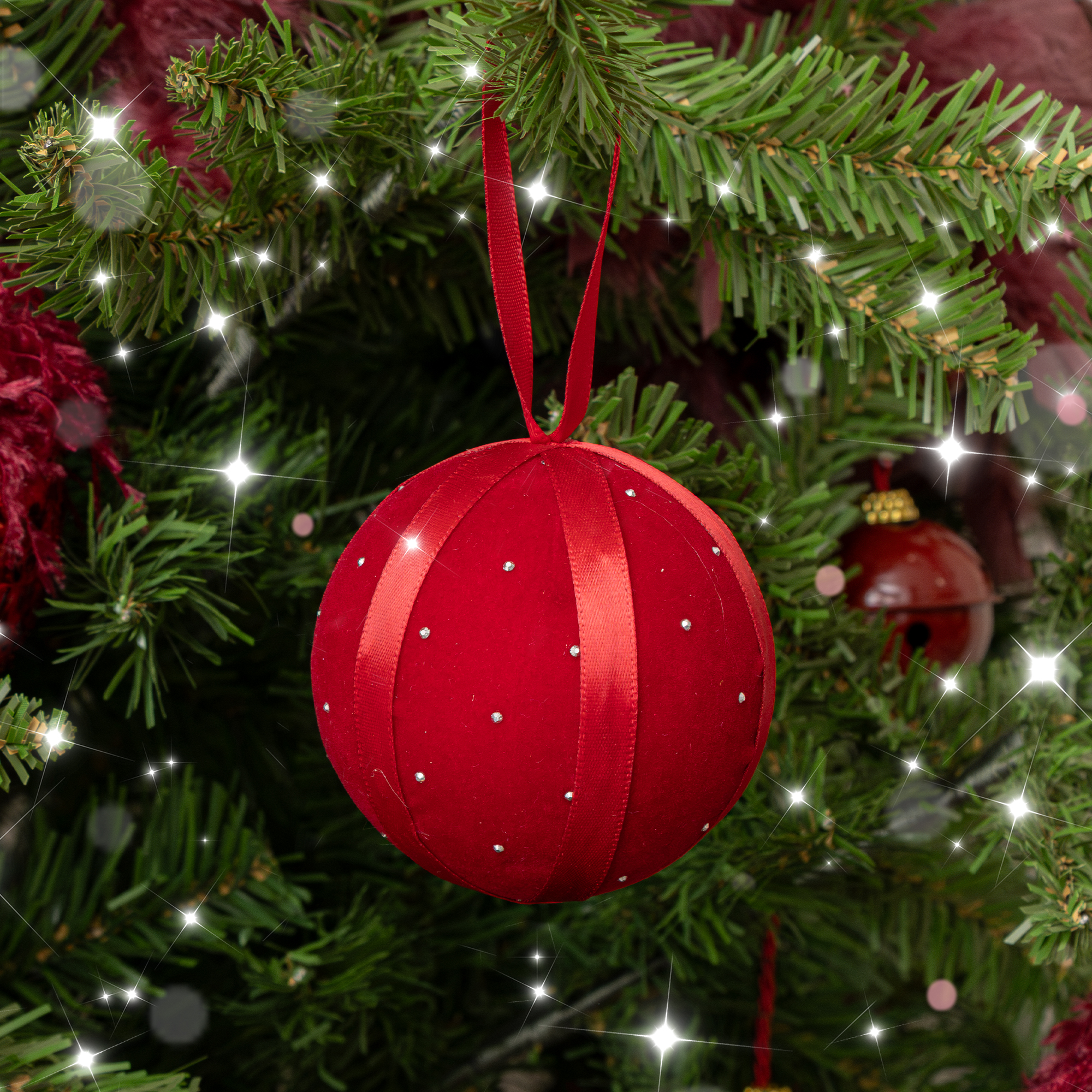 Set of 3 Dark Red Diamante & Ribbon Christmas Tree Baubles