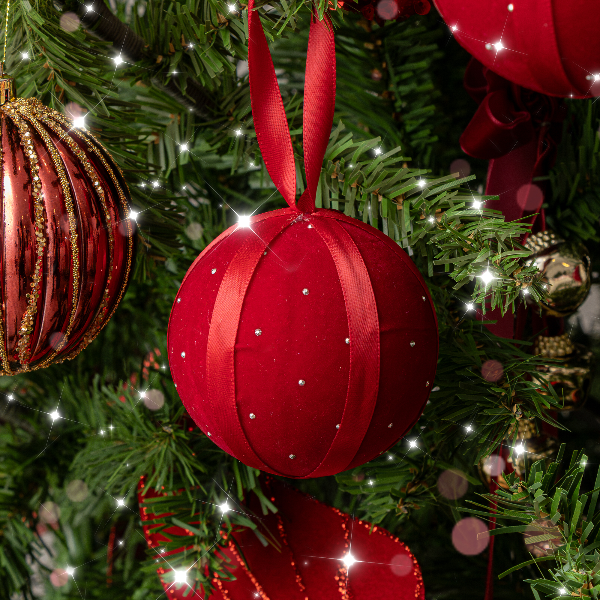 Set of 3 Dark Red Diamante & Ribbon Christmas Tree Baubles