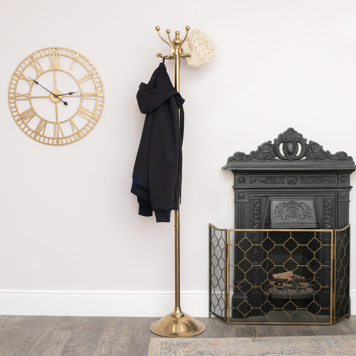 Tall Shiny Antique Gold Metal Coat Rack with 8 Storage Hooks