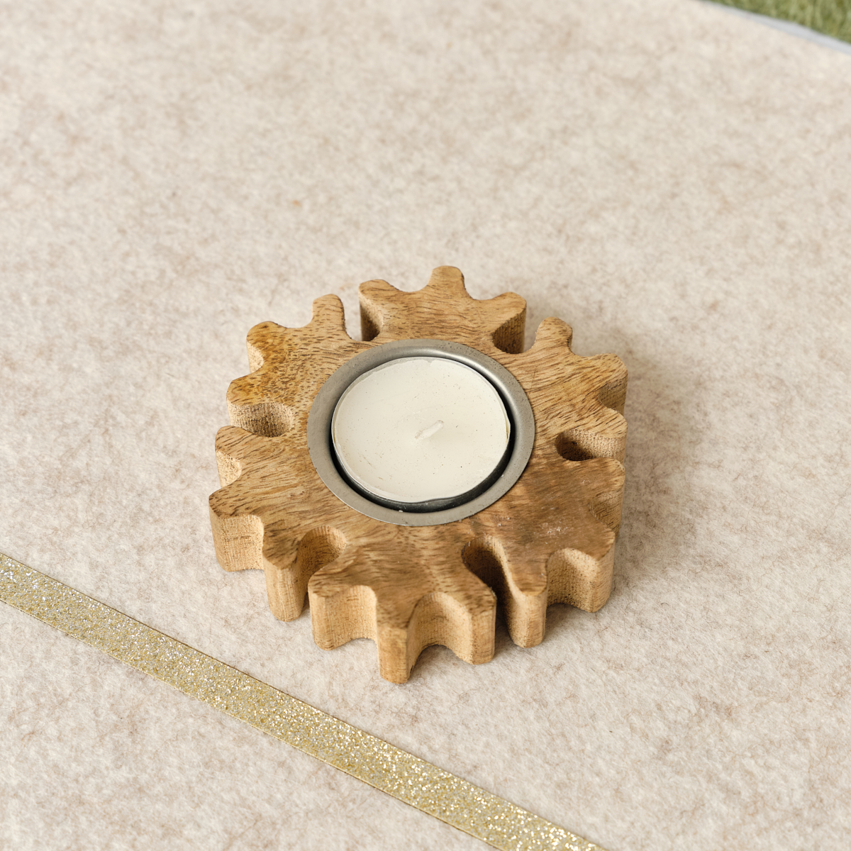 Wooden Snowflake Shaped Tealight Holder - 10cm